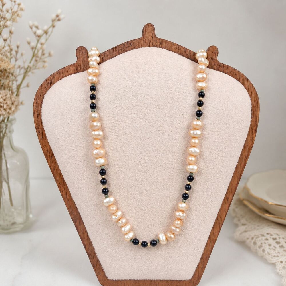 Vintage Les Bernard Freshwater Pearl Black Onyx Bead Necklace 29"